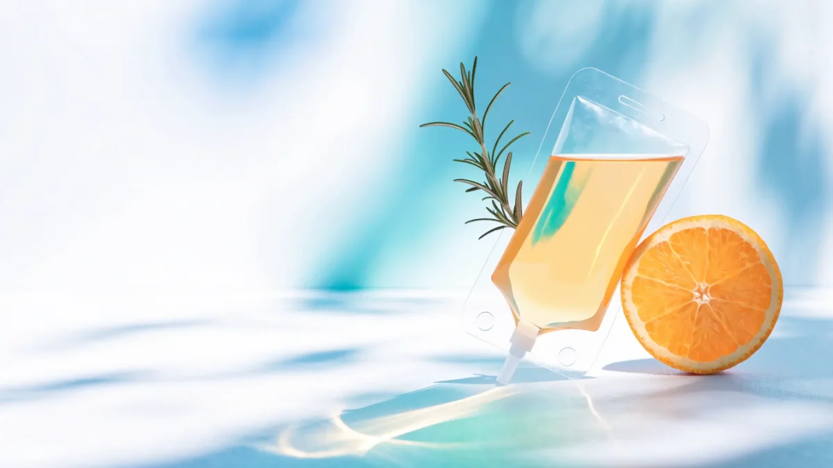Infusionsbeutel mit Orangenscheibe und Rosmarinzweig